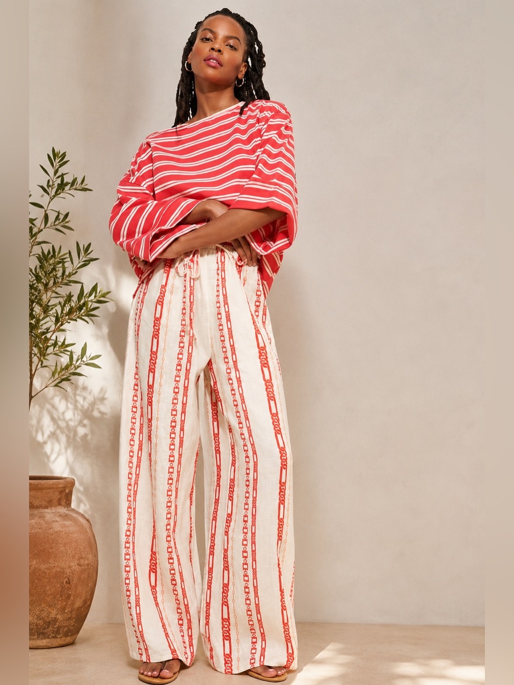 VRG GRL Raya 100% Linen Wide Leg Drawstring Pants Small Coastal Resort